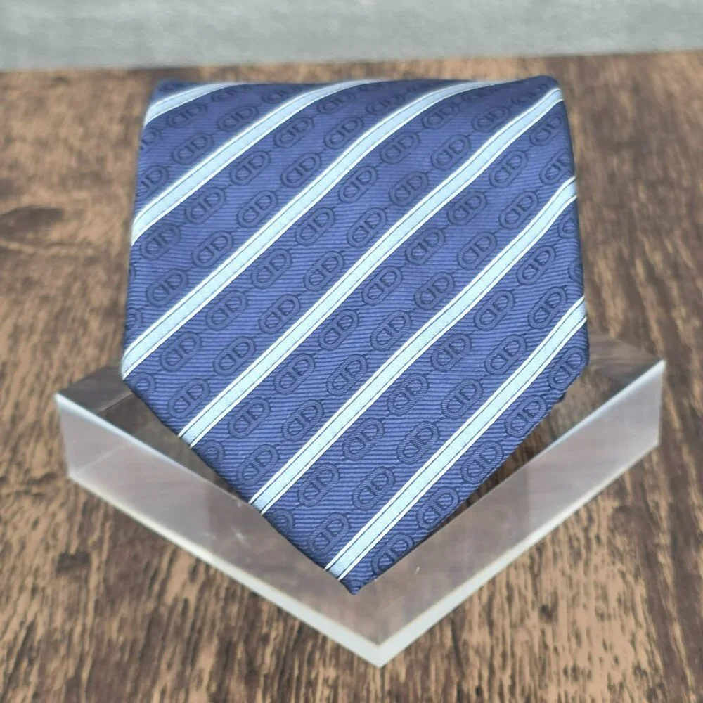 Celine Neck Tie 100% Silk Blue Striped Chain Designer Italian Quality Corpcore